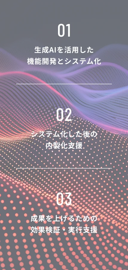 01 生成AIを活用した
                機能開発とシステム化 / 02 システム化した後の
                内製化支援